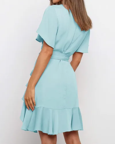 Vista 5 de Soulomelody Vestido cruzado con cuello en V para mujer manga corta cintura alta con lazo cintura alta con volantes volantes con cinturón