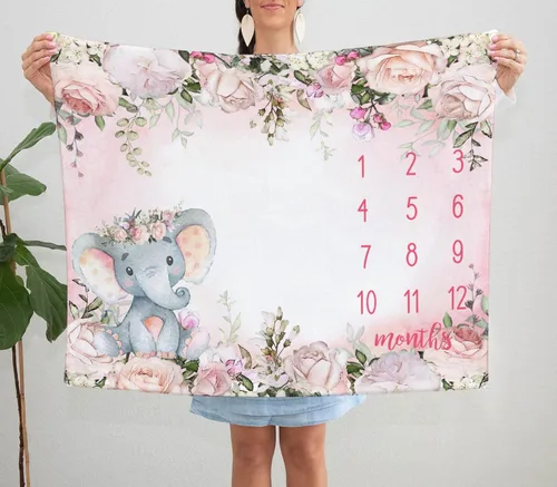 Vista 4 de Yuzioey - Manta mensual de hitos para bebé, manta de mes de elefante floral para baby shower, manta de flores de elefante rosa, manta mensual