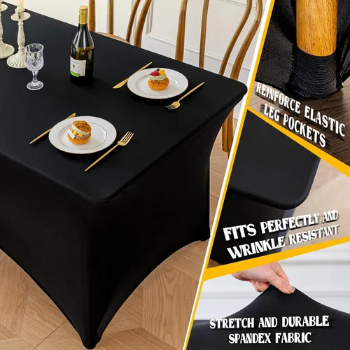Vista 2 de Famstar Paño de Mesa Negro de 4 Pies de Elastano, Paño de Mesa Ajustado para Mesas Rectangulares, Fundas Elásticas Lavables Sin Arrugas