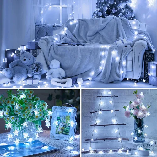 Vista 5 de Minetom - Cadena de luces con forma de estrella operadas a pilas - 5.2 m, 50 luces LED, impermeables, con temporizador, para decoración