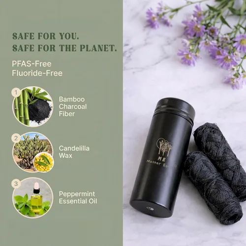 Vista 7 de Hilo dental de carbón de bambú biodegradable vegano con recipiente de acero inoxidable negro recargable, 98.4 ft x 2 pulgadas, hilo dental extra