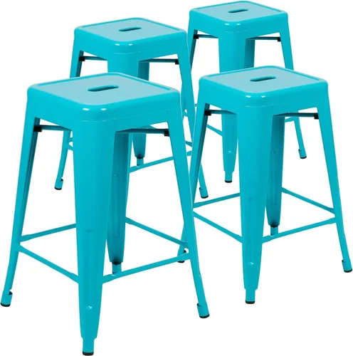Vista 27 de Taburete de 24 pulgadas de alto para interior y exterior con asiento cuadrado., Metal, Negro