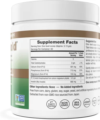 Vista 2 de IP6 Gold Devicare - Polvo con mio-inositol - 10.86 oz sin sabor - Suplemento IP6 (inositol hexafosfato) - Sin OMG - Vegano - Sin gluten - Fórmula