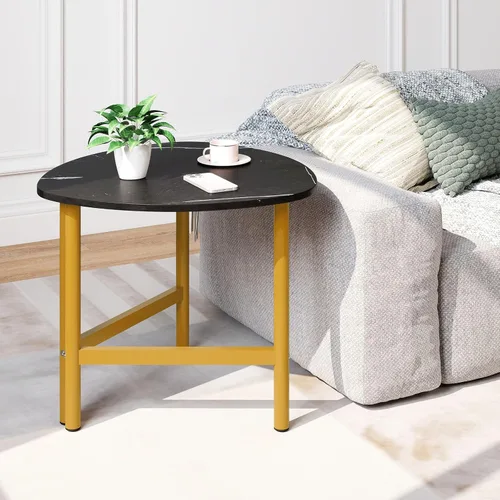 Vista 8 de Giantex Mesa auxiliar triangular, mesa auxiliar de madera con parte superior de mármol sintético y patas de metal, mesas decorativas para sofá, mesa