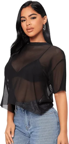 Vista 3 de SOLY HUX Women's Sexy Sheer Mesh Short Sleeve See Through T Shirt Tee Tops