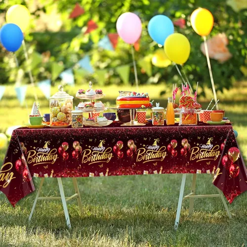 Vista 7 de CMUSKO Decoraciones de feliz cumpleaños, 3 manteles de cumpleaños rojos y dorados, fundas rectangulares de plástico desechables para mesa de Rojo