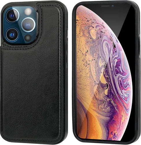 Vista 3 de ONETOP Compatible con iPhone 13 Pro Max Funda Tipo Cartera con Tarjetero, Cuero PU con Soporte Ranuras para Tarjetas, Doble Cierre Magnético y Negro