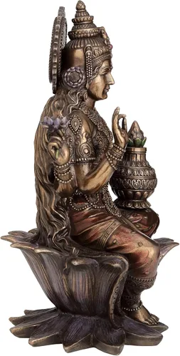 Vista 4 de Veronese Design 13 pulgadas Lakshimi sentado en Lotus Escultura de resina fundida en frío Acabado de bronce Hindú Dios Ídolo