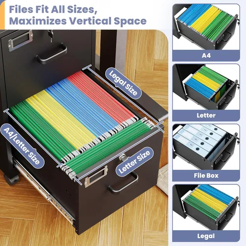 Vista 5 de Archivador de 2 cajones con cerradura, archivador vertical móvil para colgar carpetas tamaño A4/carta/legal, debajo del escritorio, pequeños