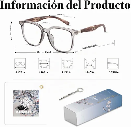 Vista 5 de Gafas de luz azul cuadrado de madera Bloomveil B1 Lente de luz azul/montura gris