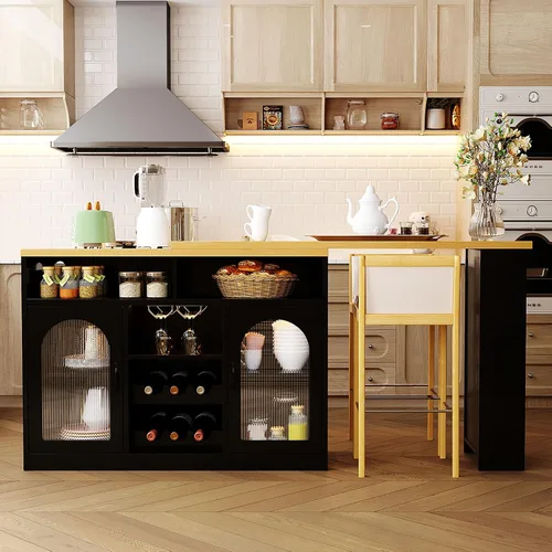 Vista 24 de RUNNA Isla de cocina acanalada de 82.6 pulgadas con mesa de comedor extensible para 4-6, mesa de isla para cocina con toma de corriente, mesa