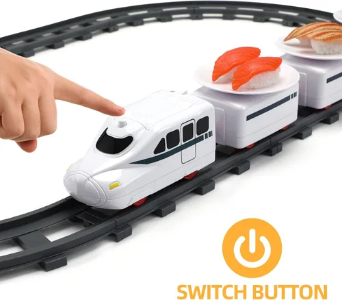 Vista 4 de TOYANDONA Juego de tren de sushi, mesa giratoria, tren alimentario, funciona con pilas, juguete bajo el árbol de Navidad, pista de tren para niños