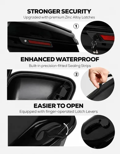 Vista 5 de XFMT Alforjas rígidas extendidas de 5 pulgadas para motocicleta, color negro vivo, con pestillos negros para Harley Touring Road King Street Glide