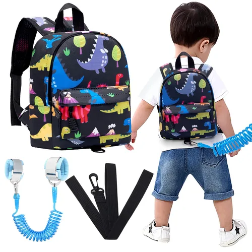 Vista 12 de Accmor Arnés de mochila de dinosaurio para bebés con correa para niños pequeños con eslabón de muñeca antipérdida, bonita bolsa de guardería