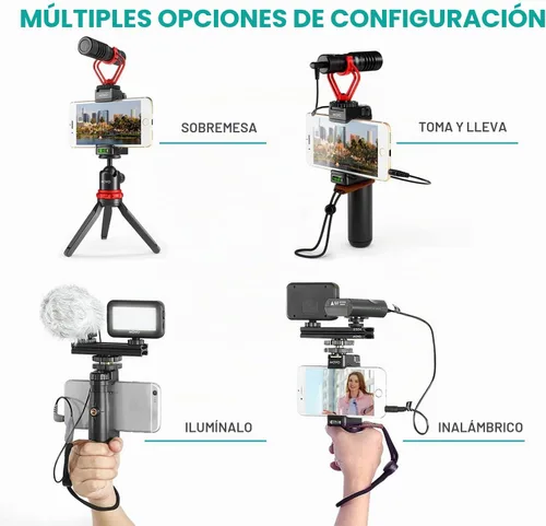 Vista 2 de Movo V8 - Kit de vlogging para iPhone con trípode, agarre, micrófonos, luces LED y vlog remoto inalámbrico, paquete de inicio de YouTube para Apple