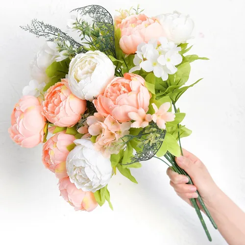 Vista 6 de Ramo de peonías artificiales – Juego de 2 tallos de flores de seda sintética – Ramos listos para el estilo para bodas, decoración del hogar, eventos