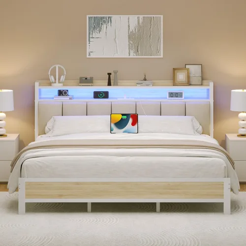 Vista 17 de IMMERSTABLE - Base de cama individual con cabecero de almacenamiento, marco de cama de plataforma metálico individual con luces LED y estación