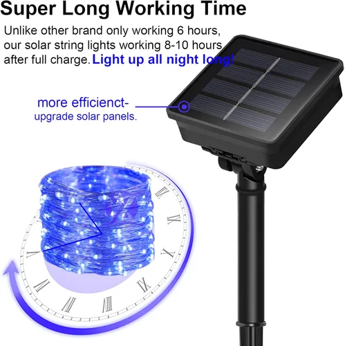 Vista 2 de Tira de luces solares azules de Navidad al aire libre impermeables, 2 paquetes, total 200 LED, 20.1 m, 8 modos, luces de hadas de cobre