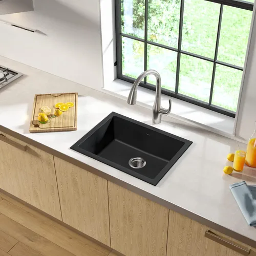 Vista 3 de KRAUS Quarza - Fregadero de cocina de granito de instalación empotrada/sobre encimera de un solo seno de 24 pulgadas, color negro ónix, KGD-410B