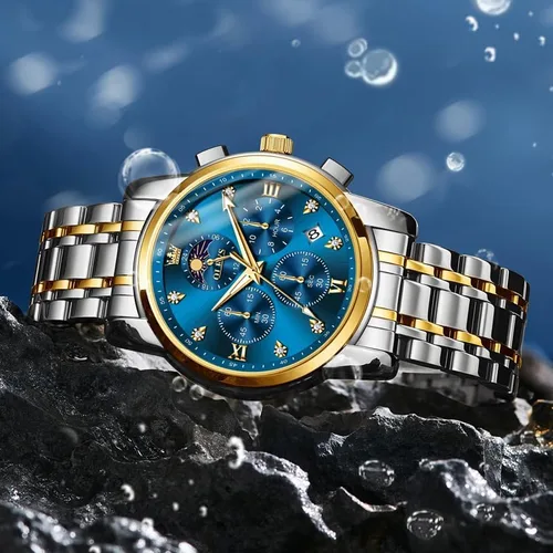Vista 8 de OLEVS Watch for Men Diamond Business Dress Analog Quartz Stainless Steel Waterproof Luminous Date Two Tone Luxury Casual Wrist Watch Blue