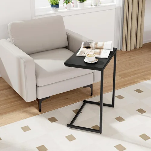 Vista 2 de Tangkula C-Shaped End Table, Vintage Accent Couch Table with Heavy-Duty Metal Frame for Coffee/Snacks/Laptop, 26.5" Side Table for Bed, Sofa