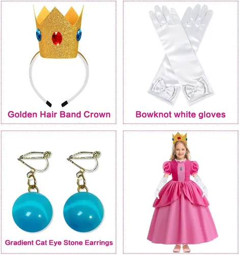 Vista 5 de Disfraz de princesa melocotón para niñas, cosplay, fiesta de Halloween, vestido de princesa melocotón con corona