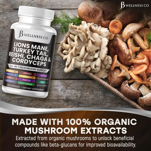 Vista 8 de JB Wellness Co Suplemento de melena de león, apoyo cognitivo, salud inmunológica con cola de pavo 20 en 1, hongo Reishi Cordyceps Chaga con raíz
