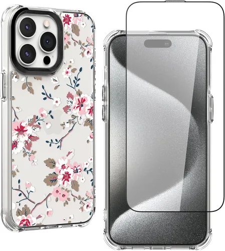 Vista 9 de Feitenn Funda para iPhone 15, policarbonato transparente + TPU suave a prueba de golpes, diseño de flores Beatuy con protector de pantalla de vidrio