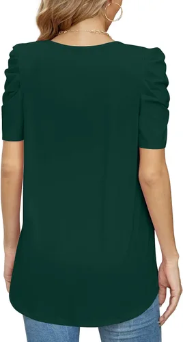 Vista 5 de Anydeer Camiseta casual de verano para mujer, manga abombada, cuello en V, blusa suelta, suéter de moda
