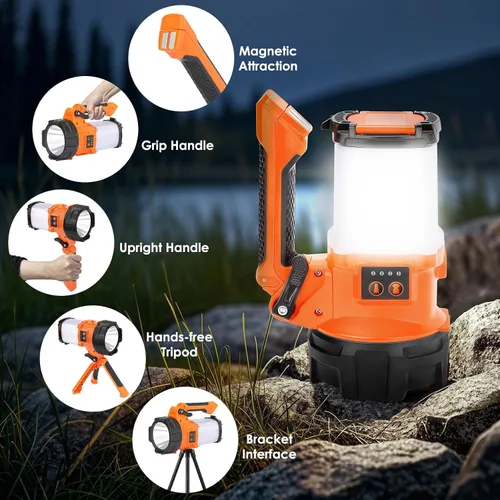Vista 7 de BOBKID Linterna de campamento recargable con trípode, 6 modos, linterna LED de mano con 4000 lm, IPX4 impermeable reflector luz de trabajo