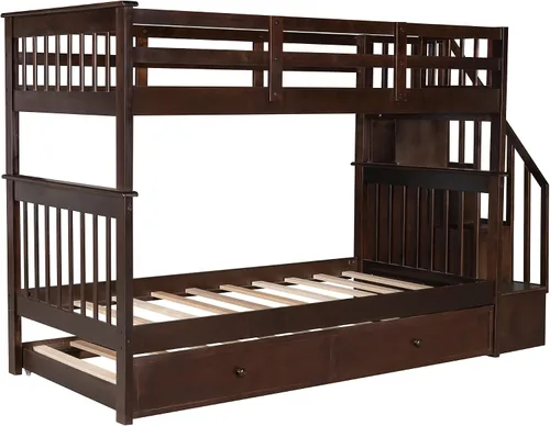 Vista 4 de Harper & Bright Designs Litera Individual sobre Individual con Escaleras y Cama Nido, Marco de Litera de Escalera de Madera Maciza con Espresso