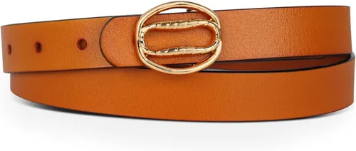 Vista 307 de Cinturón de cuero clásico con hebilla de metal para mujer con vestido de jeans