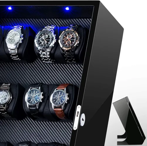 Vista 5 de TEEMING Caja de almacenamiento automática para 12 bobinadoras de relojes + 2 vitrinas de relojes, funda giratoria para relojes, motor silencioso