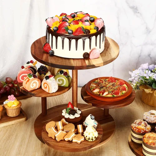 Vista 4 de Hushee Juego de 4 soportes redondos de madera para cupcakes con bandejas para servir, bandeja de madera de 4 niveles para pasteles con 1 plato