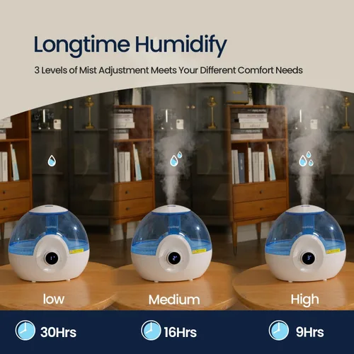Vista 6 de raydrop Humidificadores de 2.2L para dormitorio, humidificadores de niebla fría con temporizador, perilla digital, humidificador pequeño silencioso