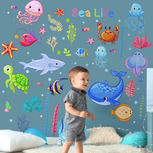 Vista 6 de 4 hojas de calcomanías de pared de vida oceánica debajo del pez marino, coloridas y extraíbles de criaturas marinas bajo el agua, medusas