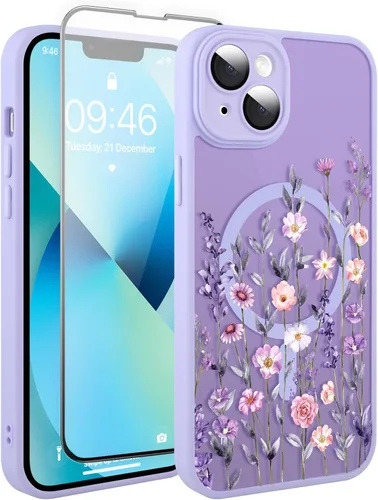 Vista 82 de Magnético para iPhone 13 con protector de pantalla [Compatible con MagSafe] Diseño de patrón floral de flores bonitas, funda delgada a prueba