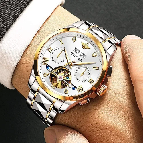 Vista 2 de OLEVS Relojes mecánicos automáticos de esqueleto para hombre, 5ATM, impermeable, tungsteno, acero inoxidable, cuerda automática, relojes de pulsera