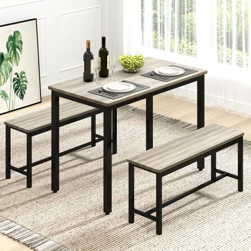 Vista 10 de Rovibek Juego de 4 sillas de mesa de comedor para 4, mesa de cocina moderna que ahorra espacio con 2 bancos y pies ajustables, mesa de desayuno