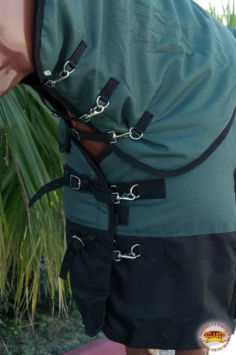 Vista 4 de HILASON Manta impermeable 1200D para caballos de invierno con cubierta para el cuello y envoltura para el vientre 74 pulgadas Hunter verde negro