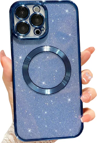 Vista 12 de Compatible con iPhone 13 Pro Max Funda magnética con purpurina, bonita funda transparente chapada de lujo, compatible con MagSafe para mujeres