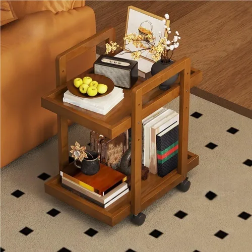 Vista 8 de Mobile Coffee Table, Wood Frame Side Table, Storage Table with Universal Wheels, 2-Tier End Table for Living Room, Bedroom, Small Space