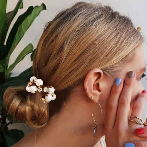 Vista 7 de Brinie Lazos para el cabello con perlas negras, coleteros elásticos de cristal para el cabello, accesorios para el cabello de perlas para mujeres