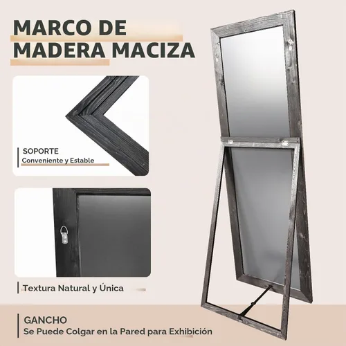 Vista 4 de Espejo de longitud completa de 65 x 22 pulgadas con marco de madera maciza para piso con soporte para colgar, poner de pie o apoyar contra la pared