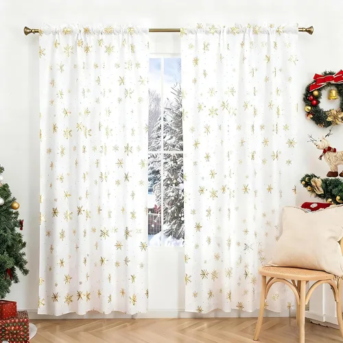 Vista 11 de Cortinas navideñas para sala de estar, cortinas de lujo con estampado de copos de nieve, cortinas de ventana con bolsillo para barra, cortinas