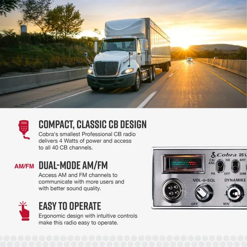 Vista 3 de Cobra 25 LTD Radio CB Profesional AM/FM – Compacta, Fácil de Operar, con Acceso de Modo Dual, Salida de 4 Vatios, 40 Canales Completos, Control