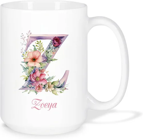 Vista 24 de Taza de café personalizada de la letra A del alfabeto, Taza de café blanca con nombre personalizado único, Taza inicial de monograma floral