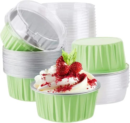 Vista 21 de EUSOAR Tazas de aluminio para hornear, paquete de 30 tazas de 5 onzas para cupcakes con tapas, moldes de pastel de 4.2 fl oz, flanes de postres