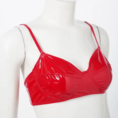Vista 5 de Yartina Sujetador de piel de charol para mujer, con aspecto mojado, bralette inalámbrico, top corto, lencería para fiestas y clubes