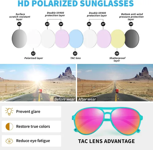 Vista 5 de URUMQI Lentes de sol polarizados estilo aviador para mujeres y hombres, lentes de sol piloto retro de los años 70, montura TR90, protección UV400